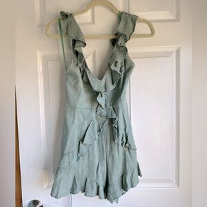 Angel Biba sage green plunge / open back ruffle linen romper